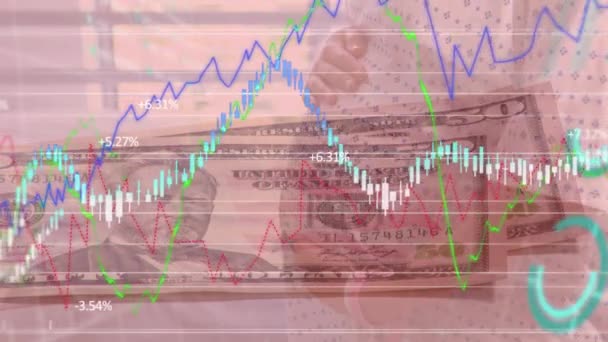 Animación Procesamiento Datos Financieros Billetes Dólar Americano Sobre Mujer Embarazada — Vídeos de Stock