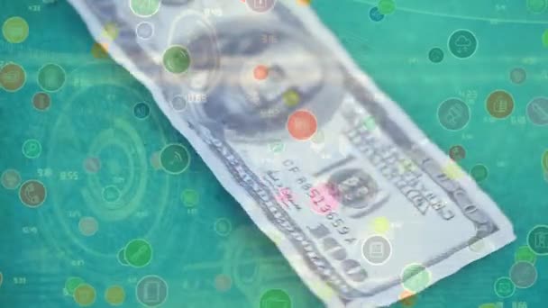 Animação Ícones Digitais Sobre Notas Dólar Americano Segundo Plano Tecnologia — Vídeo de Stock