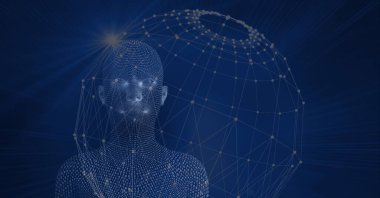 İnsan dijital kafasının dünya çapındaki bileşimi bağlantı ağıyla şekillendi. küresel teknoloji, dijital arayüz ve dijital olarak oluşturulan veri işleme konsepti.