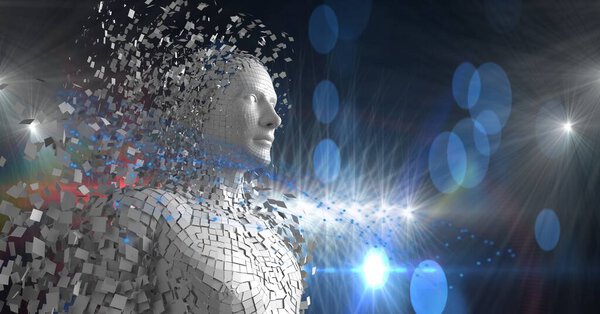 Компьютерная генерация человека растворяется на кусочки на синем фоне. технологии и концепция кибер-футуризма, цифровой образ.