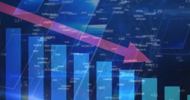 Kırmızı okun işaret ettiği istatistiklerin animasyonu ve iş metni. küresel finansman ve iş, bağlantılar ve dijital arayüz konsepti dijital olarak oluşturulmuş video.