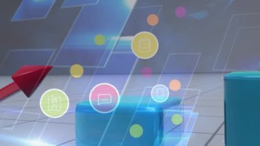 Kırmızı ok ve mavi ekranlı istatistikler üzerinden dijital simgelerin canlandırılması. küresel teknoloji, bağlantılar ve dijital arayüz konsepti dijital olarak oluşturulmuş video.