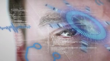 Arka planda insan gözü üzerinde tarama ve veri işleme animasyonu. küresel bağlantılar, teknoloji ve dijital arayüzler konsepti dijital olarak oluşturulmuş video.