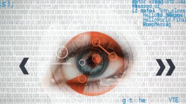 Arka planda kadın gözü üzerinde ikili kodlama işlemleri olan dijital simge ağının animasyonu. küresel bağlantılar, teknoloji ve dijital arayüzler konsepti dijital olarak oluşturulmuş video.