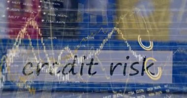 Kredi riski yazımı üzerinden finansal veri işleme animasyonu. küresel finansman, iş ve temassız ödeme kavramı dijital olarak oluşturulmuş video.
