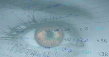 Arka planda kadın gözü üzerinden finansal veri işleme animasyonu. küresel bağlantılar, teknoloji ve dijital arayüzler konsepti dijital olarak oluşturulmuş video.