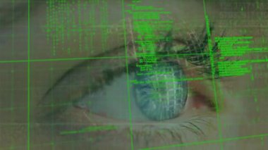 Arka planda, kadının gözünün üzerinden geçen dünya ve veri işleme animasyonu. küresel bağlantılar, teknoloji ve dijital arayüzler konsepti dijital olarak oluşturulmuş video.