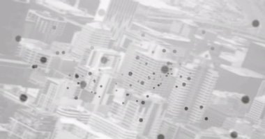 Arka planda şehir manzarası olan gri noktalı bağlantı ağlarının animasyonu. küresel bağlantılar, teknoloji ve dijital arayüz konsepti dijital olarak oluşturulmuş video.