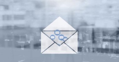 Şehir manzarası üzerindeki e- posta zarfı simgelerinin canlandırması. küresel sosyal medya ağı, bağlantı, iletişim ve teknoloji konsepti dijital olarak oluşturulmuş vide