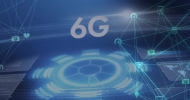 Parlak arayüzlü 6G metin animasyonu ve mavi arkaplanda hareket eden medya simgelerinden oluşan bir ağ. iletişim teknolojisi dijital arayüz kavramı, dijital olarak oluşturulmuş video.