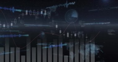 Siyah arkaplan üzerinde hareket eden grafik ve bilgilerle parlayan arayüzün animasyonu. iletişim teknolojisi dijital arayüz kavramı, dijital olarak oluşturulmuş video.