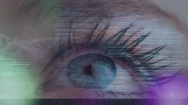 Arka planda kadın gözü üzerinden veri işleme animasyonu. küresel bağlantılar, teknoloji ve dijital arayüzler konsepti dijital olarak oluşturulmuş video.