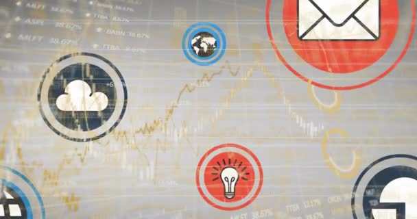 Animação Processamento Dados Financeiros Sobre Ícones Digitais Finanças Globais Negócios — Vídeo de Stock