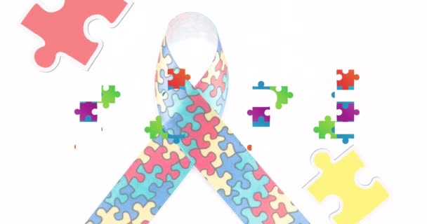 Animation Hope Text Ribbon Formed Puzzles White Background Autism Learning — Stock Video