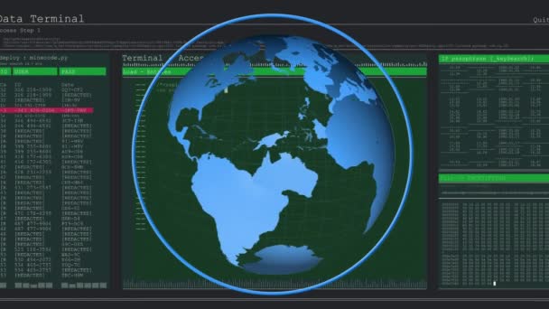 Animación Interfaz Con Esfera Azul Giratoria Datos Información Moviéndose Sobre — Vídeos de Stock