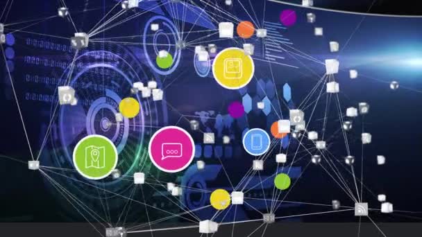 Animação Globo Com Ícones Digitais Varredura Escopo Fundo Azul Conexões — Vídeo de Stock