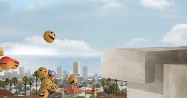 Ψηφιακό Animation Πολλαπλών Emojis Πρόσωπο Επιπλέουν Κατά Cityscape Στο Παρασκήνιο — Αρχείο Βίντεο