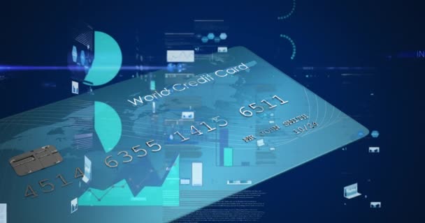 Animação Processamento Dados Financeiros Sobre Cartão Crédito Conceito Finanças Globais — Vídeo de Stock
