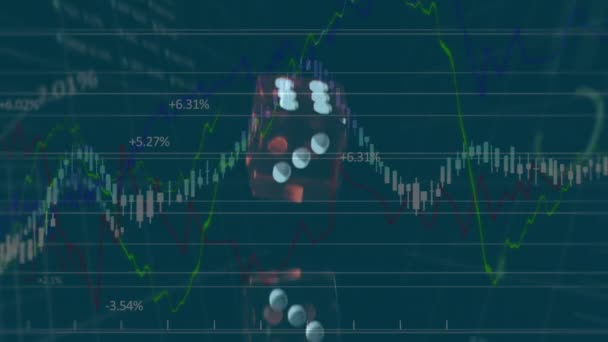 Animace Zpracování Finančních Údajů Nad Padajícími Červenými Kostkami Globální Finanční — Stock video