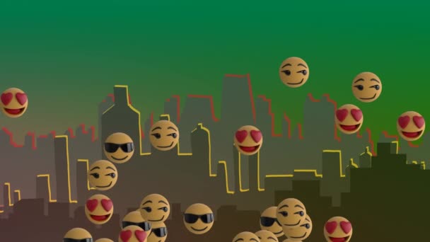 Animace Více Emoji Ikon Nad Městskou Krajinou Zeleném Pozadí Globální — Stock video