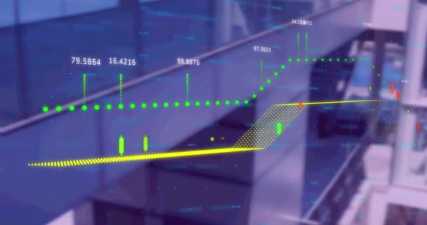 Animação Processamento Dados Financeiros Sobre Edifício Moderno Conceito Finanças Globais — Vídeo de Stock