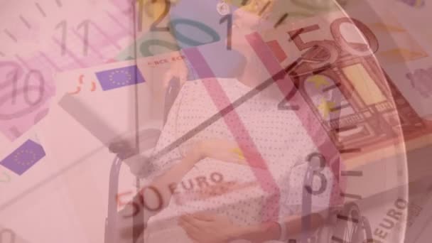 Animacja Zegara Tykającego Banknotach Euro Kobiety Ciąży Lekarzem Globalne Finanse — Wideo stockowe