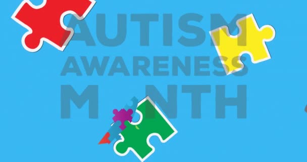 Animation Autism Awareness Month Text Head Maze Puzzles Forming Ribbon — Stock Video