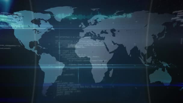 Анімація Тексту Піктограмами Людей Інформацією Рухається Карті Світу Темному Тлі — стокове відео