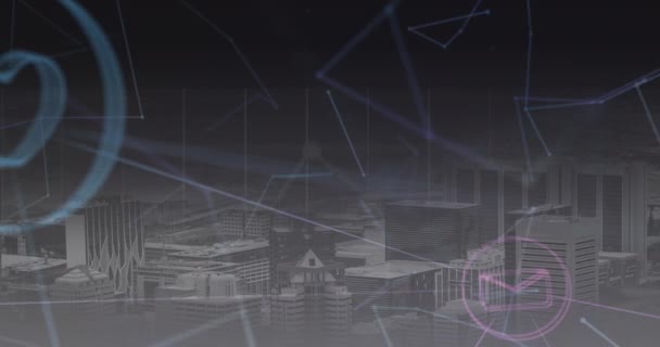 Animação Ícones Digitais Redes Conexões Sobre Paisagem Urbana Segundo Plano — Vídeo de Stock