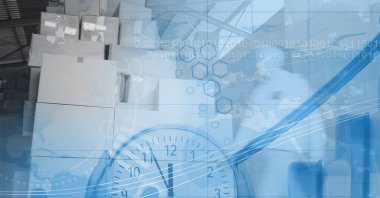 Depo ve teslimat paketlerinin üzerinde saat resmi, teslimat ve zaman kavramı. dijital olarak oluşturulmuş resim.