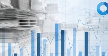 Depo, ekonomi, finans ve teslimat konsepti üzerinde çalışan istatistik grafikleri ve grafikleri. dijital olarak oluşturulmuş resim.