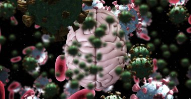 Koronavirüs hücreleri bilgisayar üzerinde yüzüyor insan beyni, covid-19 ve pandemik konsept. dijital olarak oluşturulmuş resim.