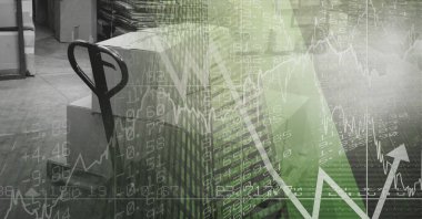 Mali veriler ve istatistik grafikleri depo, finans ve dağıtım kavramları üzerinde işliyor. dijital olarak oluşturulmuş resim.