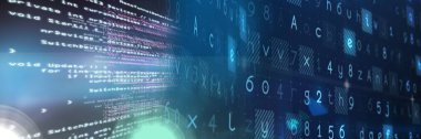 Mavi arka plan, teknoloji, programlama ve bilgisayar kodlama üzerinde bilgisayar kodu işleme. dijital olarak oluşturulmuş resim.