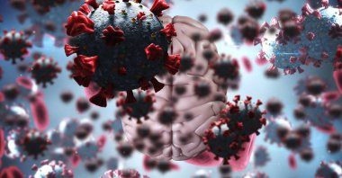 Koronavirüs hücreleri bilgisayar üzerinde yüzüyor insan beyni, covid-19 ve pandemik konsept. dijital olarak oluşturulmuş resim.