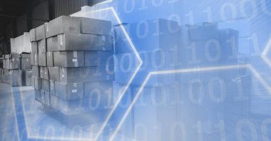 Teslimat paketleri ve bilgisayar kodları depo, teknoloji ve teslimat konsepti üzerinde işleniyor. dijital olarak oluşturulmuş resim.