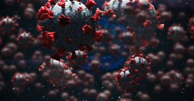 Koronavirüs hücreleri bilgisayar üzerinde yüzüyor insan beyni, covid-19 ve pandemik konsept. dijital olarak oluşturulmuş resim.