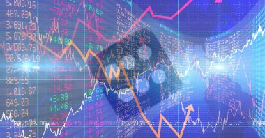 Finansal veriler ve grafikler mavi arka plan, finans ve ekonomi kavramına karşı. dijital olarak oluşturulmuş resim.