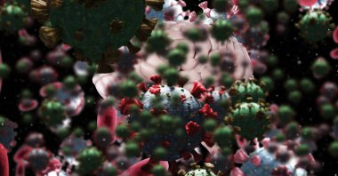 Koronavirüs hücreleri bilgisayar üzerinde yüzüyor insan beyni, covid-19 ve pandemik konsept. dijital olarak oluşturulmuş resim.