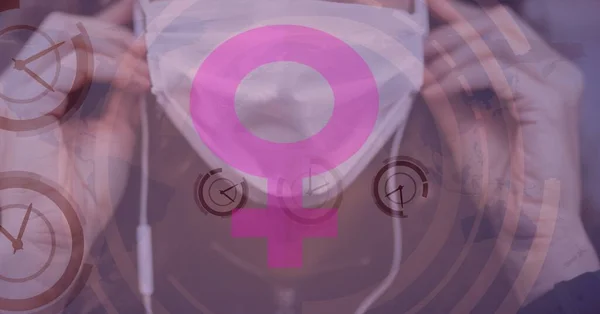 Жіночий Знак Над Білою Жінкою Концепції Маски Фемінізму Коронавірусу Цифрове — стокове фото