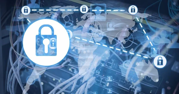 Sammensetningen Nettverk Forbindelser Med Sikkerhetshengelåser Nett Verdenskartet Global Teknologi Nettsikkerhet – stockfoto