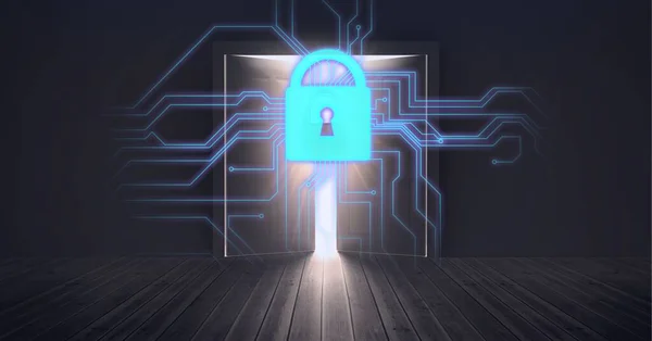 Composição Cadeado Segurança Online Processador Porta Aberta Tecnologia Global Cibersegurança — Fotografia de Stock