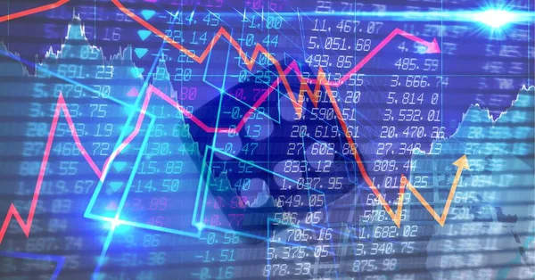 Pénzügyi Adatok Grafikonok Kockán Kék Lila Háttér Pénzügyi Gazdasági Koncepció — Stock Fotó
