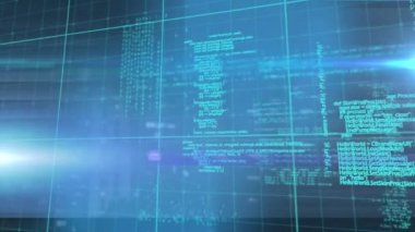 Mavi zemin üzerinde veri işleme animasyonu. küresel bağlantılar, teknoloji ve dijital arayüz konsepti dijital olarak oluşturulmuş video.