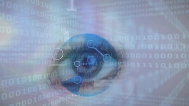 Kadın gözü üzerinden bağlantı ağı olan ikili kodlama animasyonu. küresel bağlantılar, teknoloji ve dijital arayüz konsepti dijital olarak oluşturulmuş video.