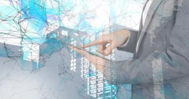 Arka planda tablet ve şehir manzarası kullanarak iş adamlarıyla olan bağlantıların animasyonu. küresel bağlantılar, teknoloji ve dijital arayüz konsepti dijital olarak oluşturulmuş video.