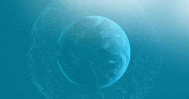 Mavi arka planda bağlantıları olan dünyanın animasyonu. küresel bağlantılar, teknoloji ve dijital arayüz konsepti dijital olarak oluşturulmuş video.