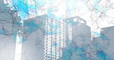 Modern binalar üzerindeki bağlantı ağının animasyonu. küresel bağlantılar, teknoloji ve dijital arayüz konsepti dijital olarak oluşturulmuş video.