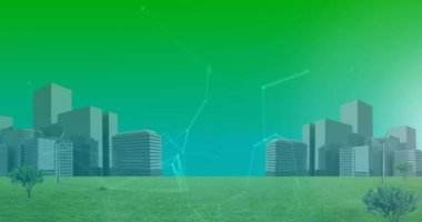 Şehir manzarası üzerinden yeşil arka planda bağlantı ağlarının animasyonu. küresel bağlantı, veri işleme ve dijital arayüz konsepti dijital olarak oluşturulmuş video.