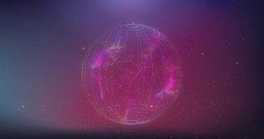 Pembe arkaplan üzerinde parçacıklarla dönen bağlantı küresinin animasyonu. küresel bağlantılar, teknoloji ve dijital arayüz konsepti dijital olarak oluşturulmuş video.